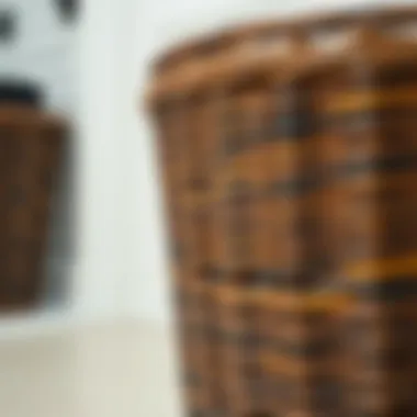 Close-up of craftsmanship in a dark brown wicker laundry basket