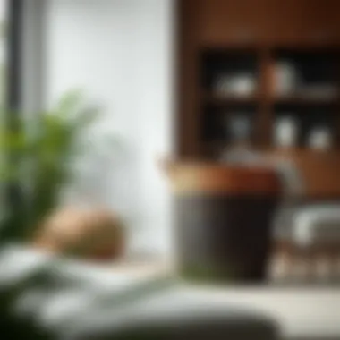 Elegant dark brown wicker laundry basket in a modern living room setting