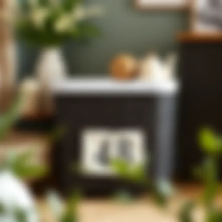 Dark brown wicker laundry basket styled with decorative items