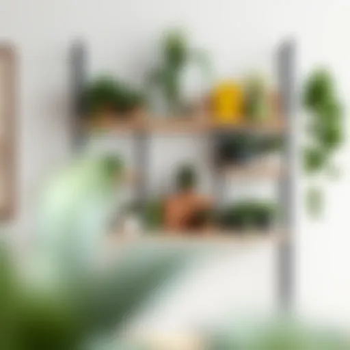 Modern minimalistic plant shelf with various greenery