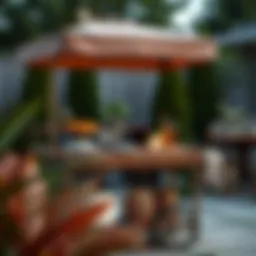 Stylish backyard serving cart adorned with elegant tableware