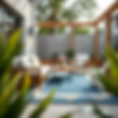 Stylish Outdoor Setting with a Blue and Tan Rug Elegant blue and tan outdoor rug on a patio