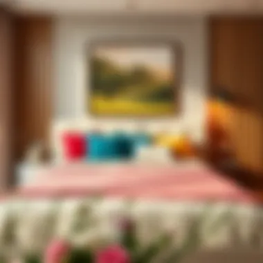 Stylishly decorated beige bed with vibrant cushions