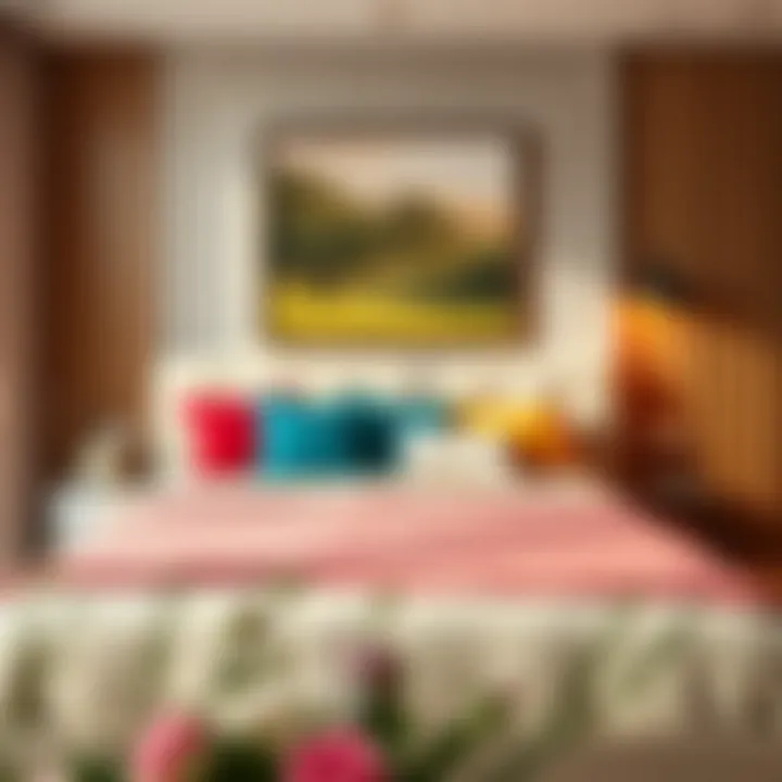 Stylishly decorated beige bed with vibrant cushions