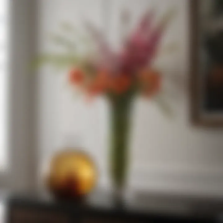 Elegant tall wide glass vase with floral arrangement