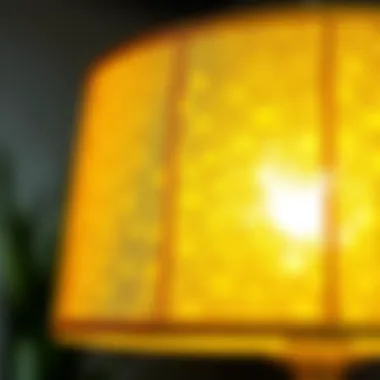 Close-up of a textured yellow lampshade with intricate patterns