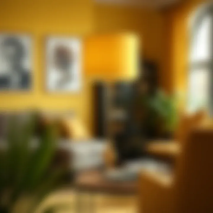 Yellow lampshade harmonizing with eclectic decor