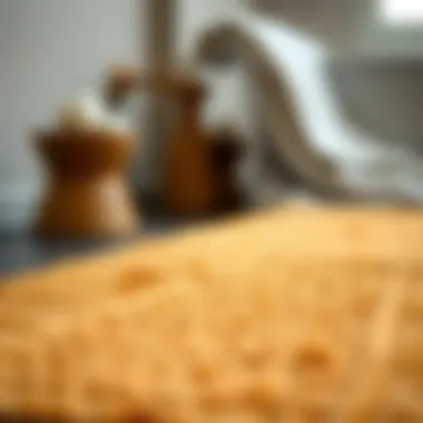 Close-up of the texture and fabric of an ochre bath mat