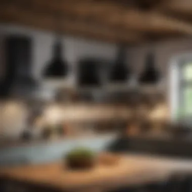 Black pendant lights complementing a rustic kitchen island