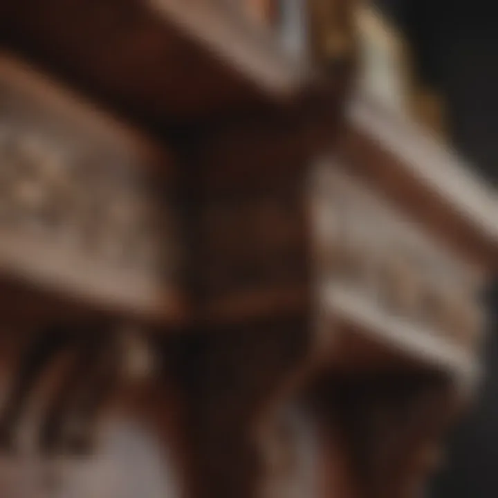 Close-up of the craftsmanship on an antique corner shelf