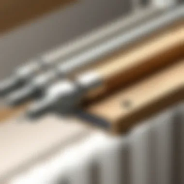 Close-up of materials used in curtain rods with shelves
