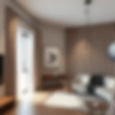 Modern interior featuring curtain rods with integrated shelves