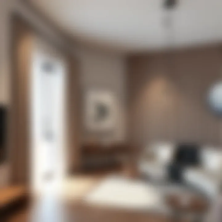 Modern interior featuring curtain rods with integrated shelves