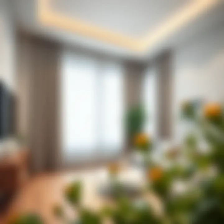 A stylish living room with functional curtain rods and shelving