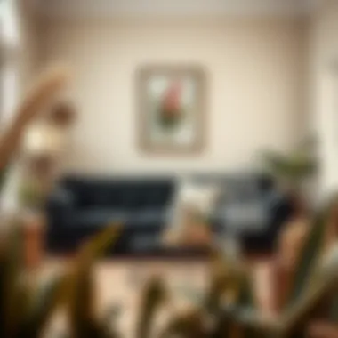 Black velvet sleeper sofa integrated into a bohemian-style interior