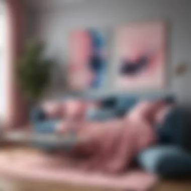 A stylish living room featuring blue and pink decor elements