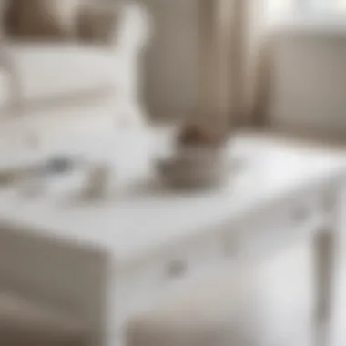 Close-up of a white wooden coffee table showcasing craftsmanship and texture